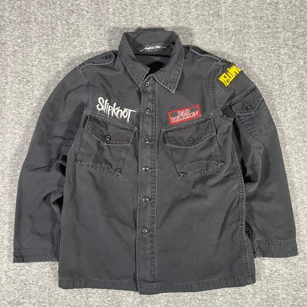 Vintage 90s Plastix Idol Military Denim Blk Jacket Mens Small Punk Band Patches